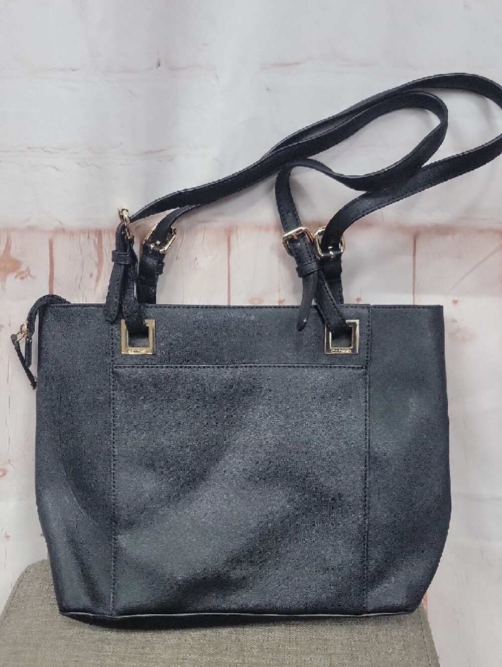Calvin Klein Black Faux-Leather Shoulder Bag with Gold Accents - Picture 3 of 5